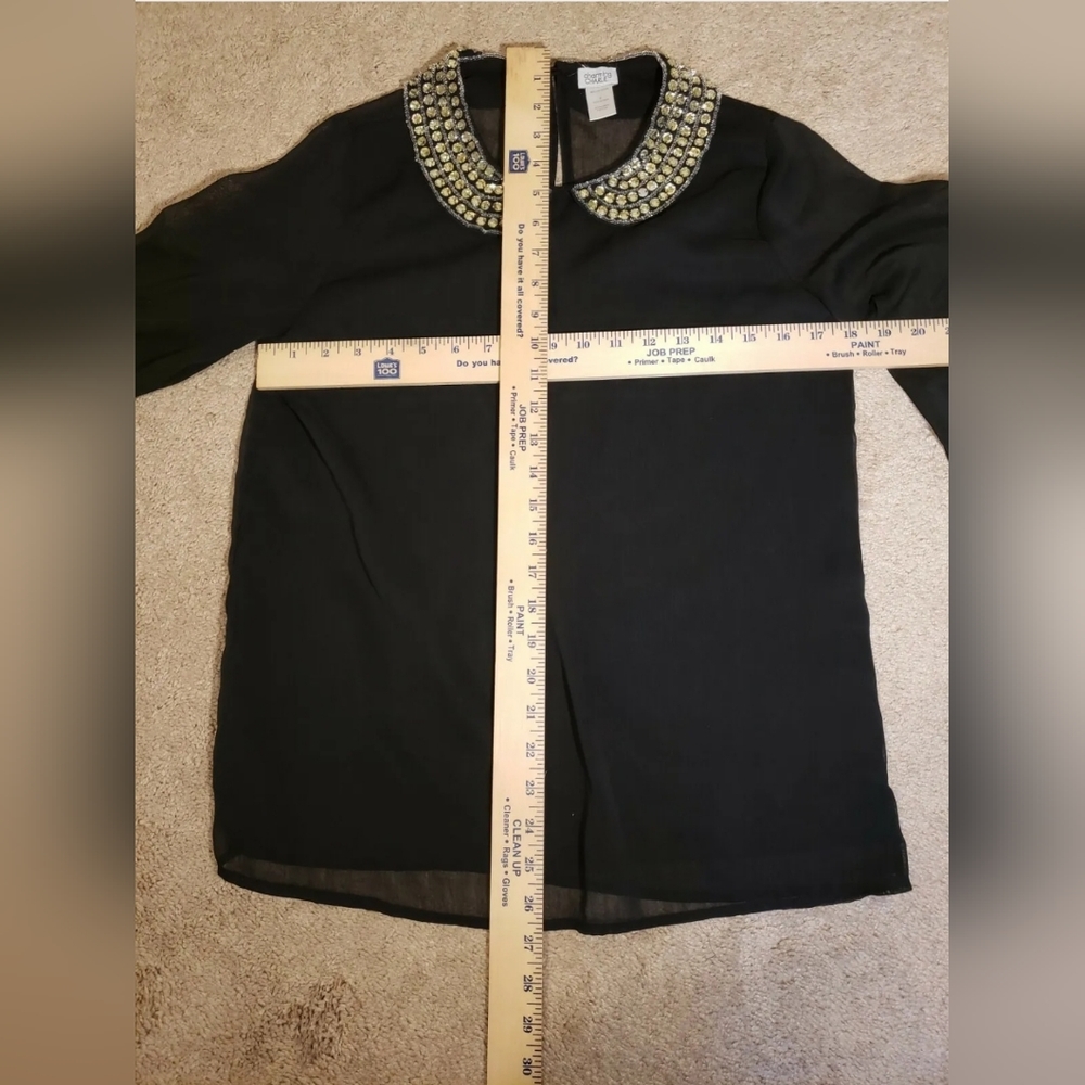 ❤️ CHARMING CHARLIE WOMEN'S SHEER BLACK BLOUSE WITH RHINESTONE COLLAR SIZE SMALL - Picture 10 of 12